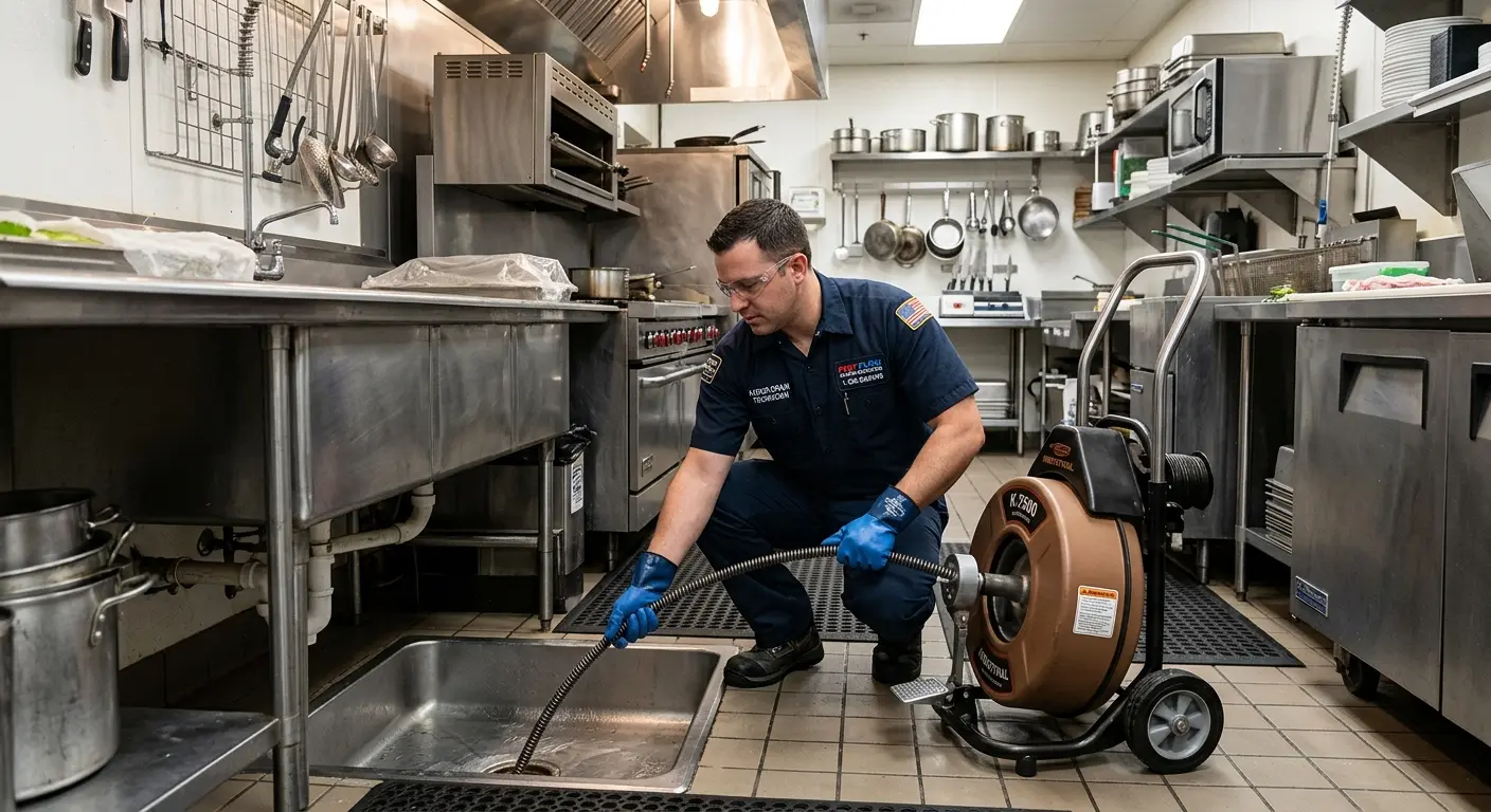 Commercial drain cleaning service in a restaurant kitchen in Overlea