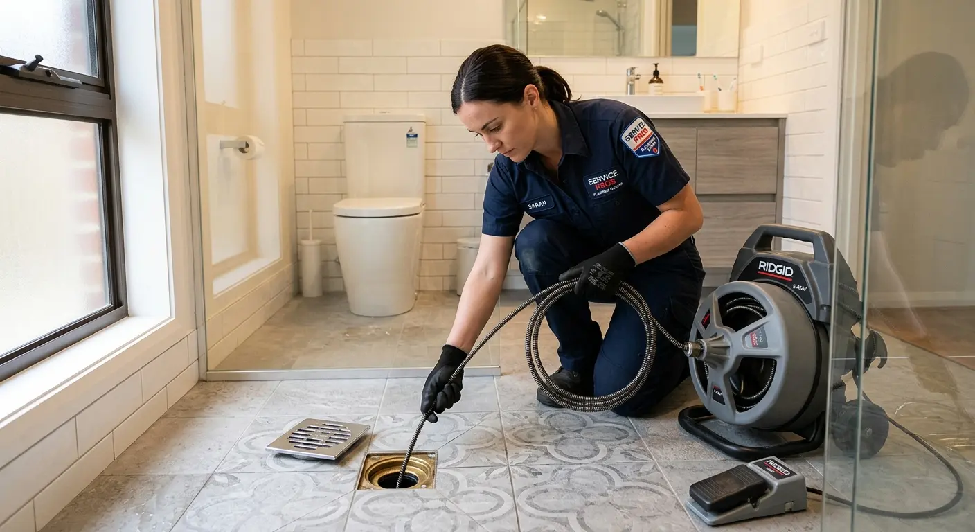 Technician clearing a bathroom floor drain for Hydro Jetting in Overlea